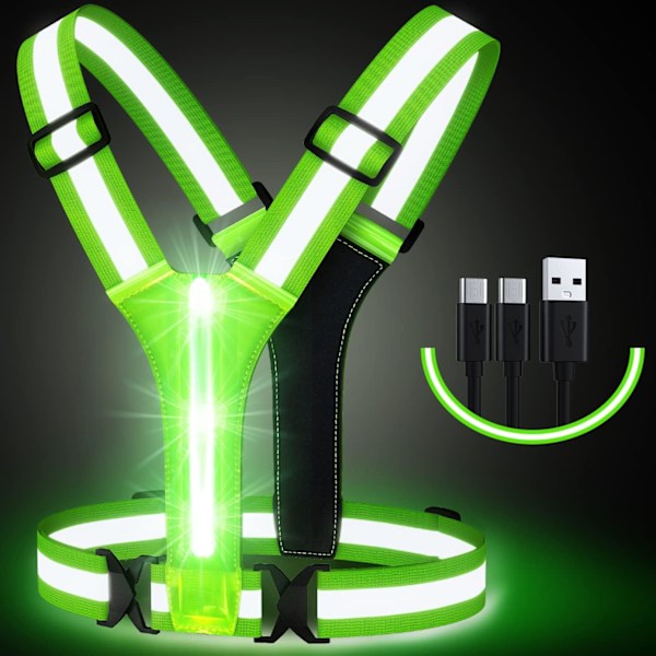 LED refleksvest, USB opladbar, justerbar talje/skulder - Green