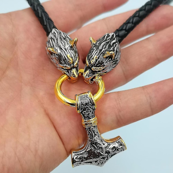 Rustfrit Stål Viking Ulvehoved Dobbelt Farve Tor's Hammer Vedhæng Læderkæde Herrehalskæde Smykker (Stål Guld 1, 45cm)