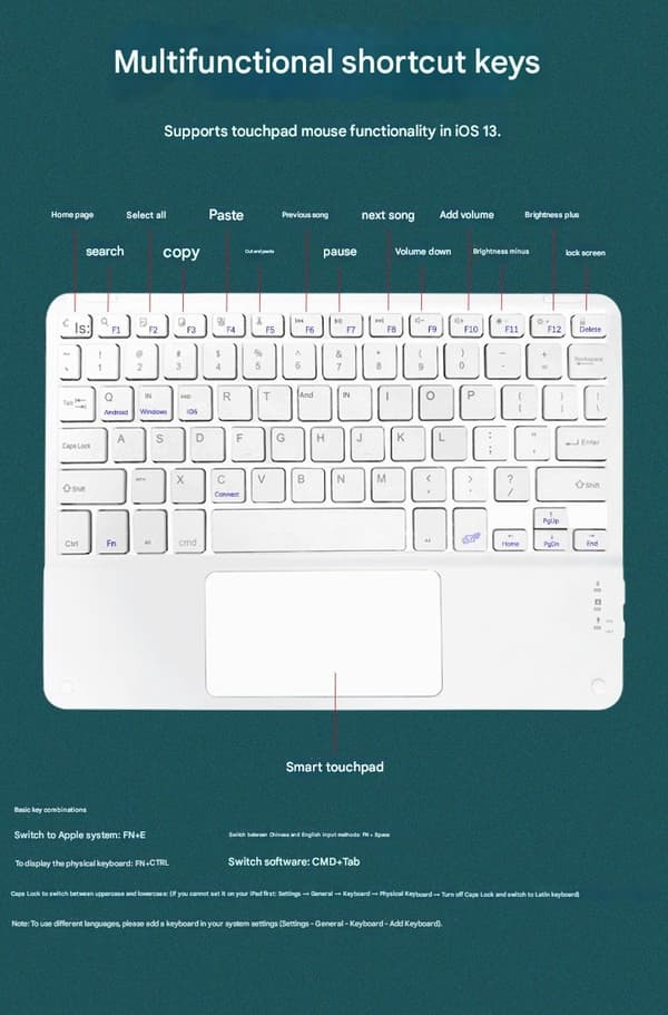 Genopladeligt trådløst Bluetooth-tastatur med magnetisk touchpad til pc, iPad og Mac, sort
