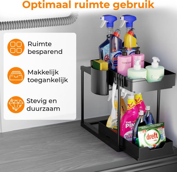 Under Sink Organizer med 2 udtræksskuffer, værktøjsfri montering til køkken- og badeværelsesskab, sort