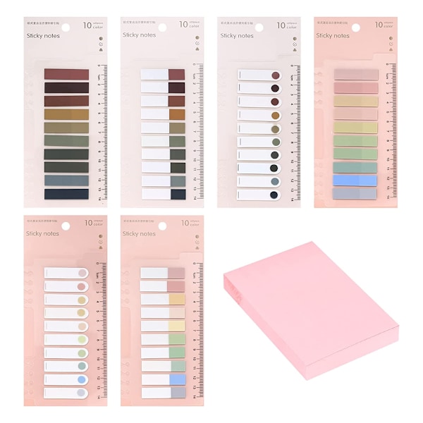Set med 6 post-it lappar, färgade självhäftande bokmärkesetiketter