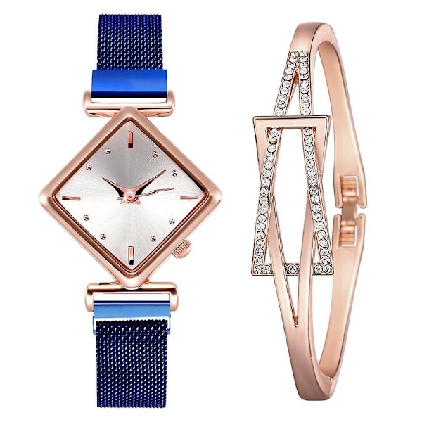 Magnetarmbåndsursett for kvinner, Firkantet armbånd for kvinner, Quartz Blue Set