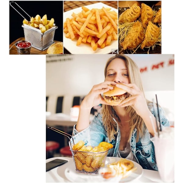 4 x Rustfrie pommes frites-kurver for servering med håndtak, nettfransk pommes frites-friteringskurv for reker løkringer