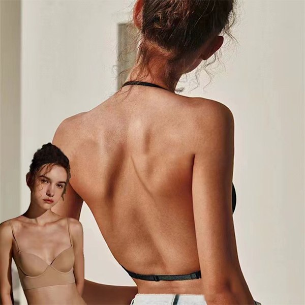 Lav rygg BH for kvinner Push Up dyp V-utringning ryggløs BH Hud Skin M