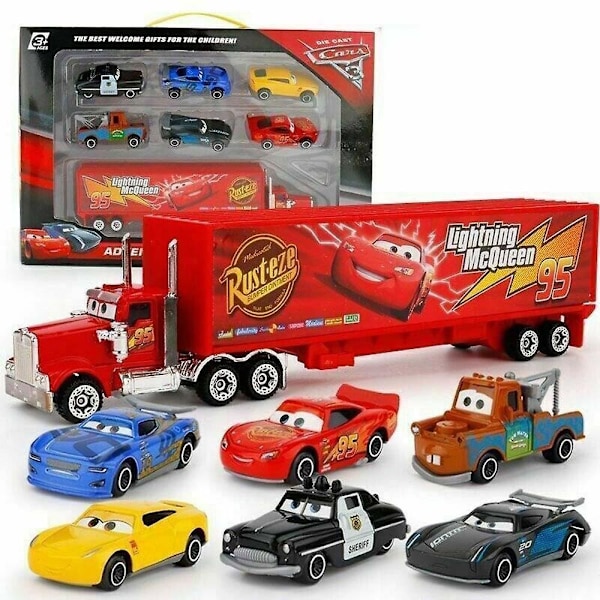 7 osainen Cars 2 Lightning McQueen -kilpa-auto ja Mack-kuorma-autosetti lahjoiksi - WELLNGS