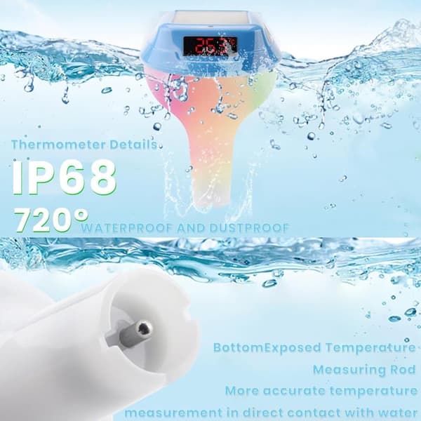 Trådløst Flydende Pooltermometer – Digitalt Badetermometer med RGB-belysning & Solpanel_OF