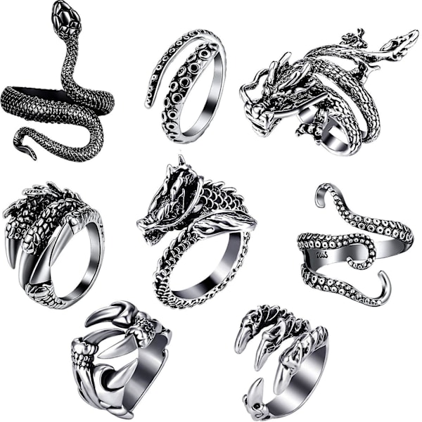 8 stk Vintage Punk Ringe Blæksprutte Drage Slange Justerbar Ring