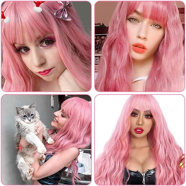 Rosa Lockig Vågig Peruk för Kvinnor, Lång Vågig Peruk med Lugg Lolita för Cosplay, Vardagsfest, Ny