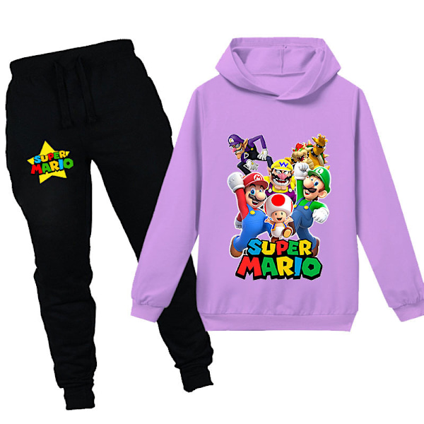 Super Mario drenge og pige pullover hættetrøje og joggingbukser sæt sportstøj børnetøj 140cm(9-10 år) 140cm(9-10years) Purple