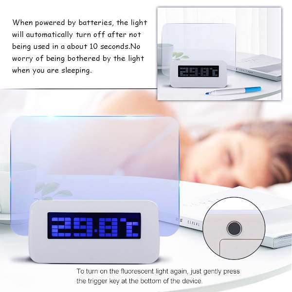 Multifunksjonell LED-vekkerklokke, kalender, termometer, whiteboard, 4 USB-porter, Halloween, nyttårs- og bursdagsgaver (blått lys