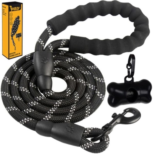 Hundkoppel med Reflex / Koppel för Hundar - 3m Black Svart