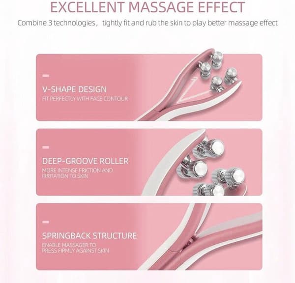 EMS ansiktsmassage-roller, Y-formad 3D-roller med RF- och mikroströmslägen, V-ansiktslyftningsenhet för dubbelhaka och hudvård, rosa
