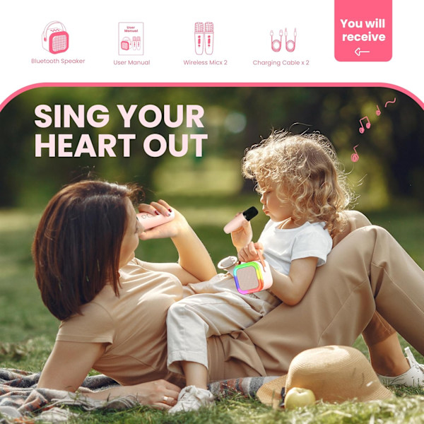 Karaokelaitteet lapsille ja aikuisille, Kannettava Bluetooth Mini Karaoke Mikrofoni Laululaite 2 Mikrofonilla ja Valoilla, Leikkikalut Pink