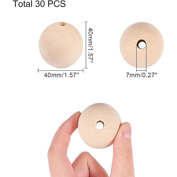 40 mm puiset helmet, 30 kpl, viimeistelemättömät suuret puiset helmet, luonnolliset puupallot, irtopuiset helmet, puuvälihelmet