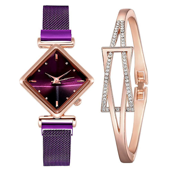 Magnetarmbåndsur sæt til kvinder, Firkantet armbånd til kvinder, Quartz Purple Set
