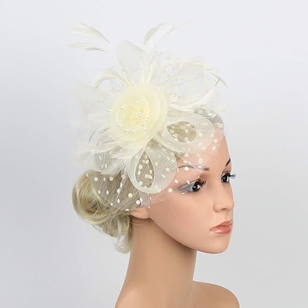 Fascinerande hatt för kvinnor, damer, bröllop, tebjudningar, flapperhatt, Ascot-hattar, fjäderblomma (beige)