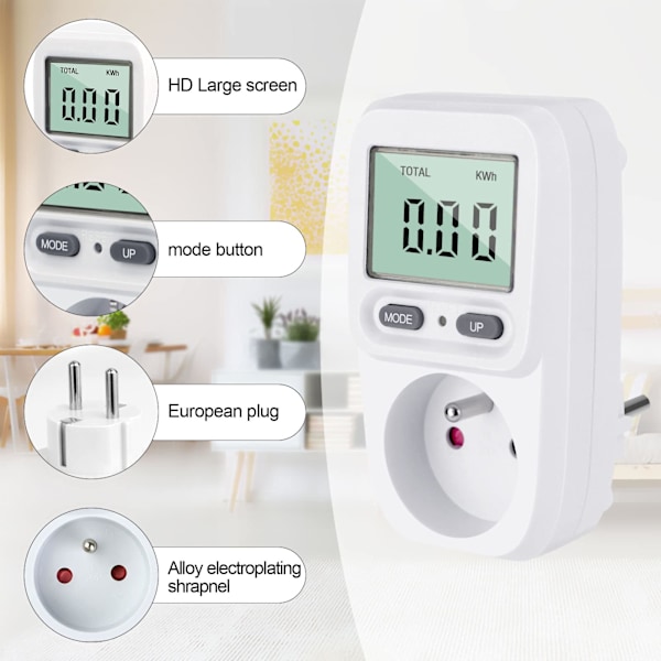 Energimåler, wattmåler, stikkontakt, strømforbruk, kontaktstyring, kWh-måler, maksimal effekt 3680 W, 16 A, for energisparing.