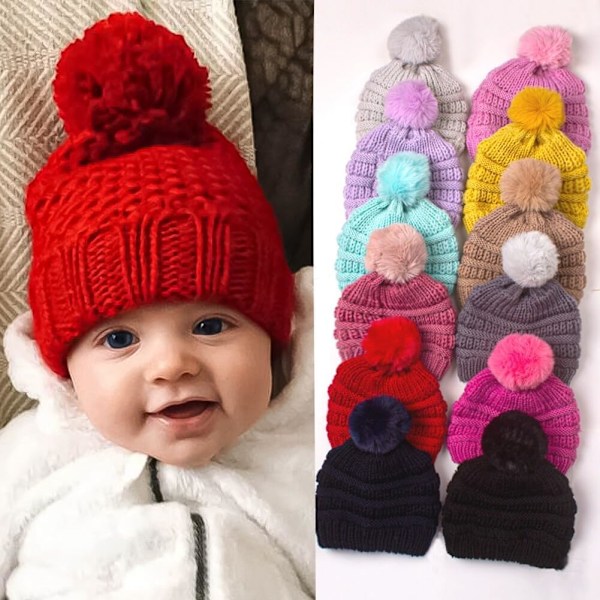 Baby Vinter Strikhue, Blød og Varm Unisex Hue til Drenge og Piger, Hyggelig Skihue Rosy