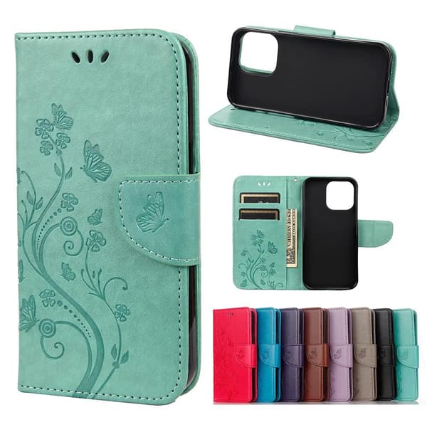 Butterfly Blomst Wallet Case til iPhone 13 - Grøn Green Grön