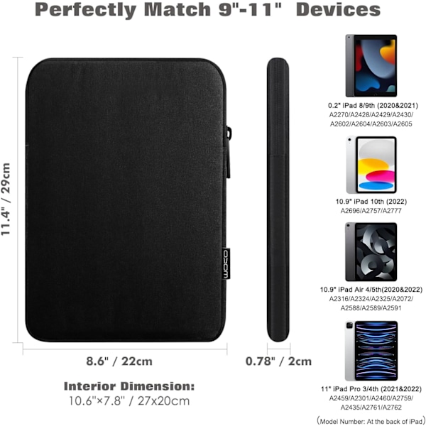 9-11 tums surfplattefodral bärväska passar nya 11-tums iPad Pro M4/iPad Air M2 2024, iPad Air 5/4/3 10,9\"/10,5\", iPad Pro Black