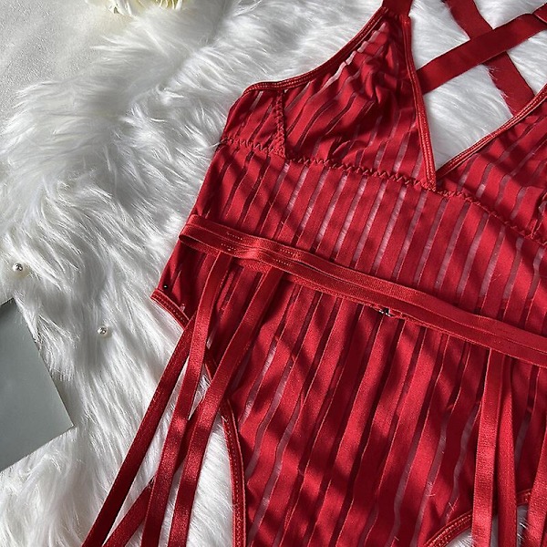 Naisten avohaaraiset sukat, alusvaatteet, teddy-yöpaita, syvä V-aukko, babydoll, vyö, täydellinen punainen Red XL