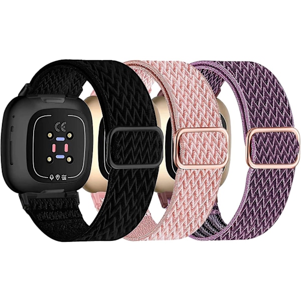 Elastiska nylonarmband kompatibla med Fitbit Versa 4/Versa 3/Sense 2/Sense - 3-pack