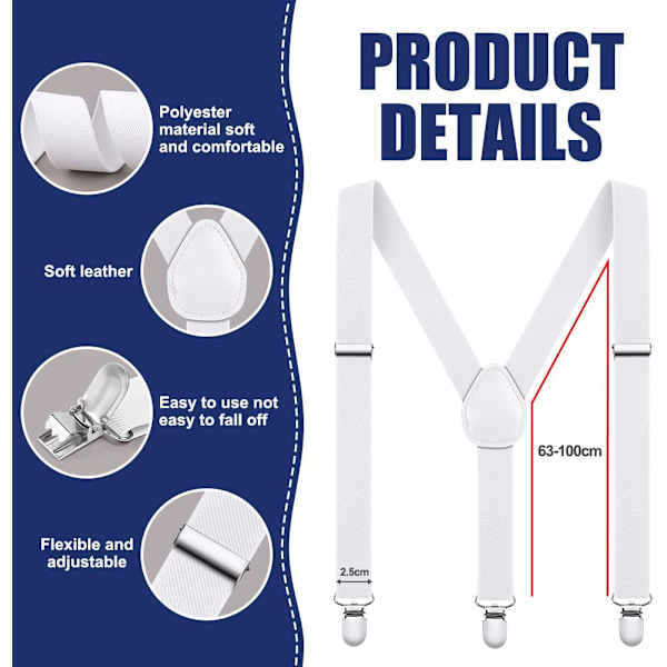 Bredt slips med bukseseler i et sett 2,5 cm bukseseler Justerbare slips bukseseler for menn med svært sterke 3 metallklips En størrelse for menn og kvinner vit vuxen