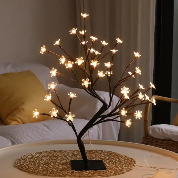 Blomsterpotte landskabstræ, 24 LED-lys, metalfod, varm hvid