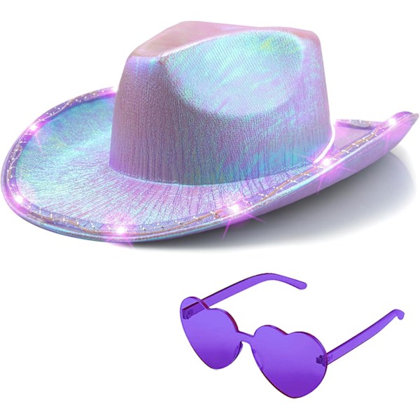 Cowgirl-hattu avaruus neon glitter -hattu sydämen muotoisilla laseilla tyylikäs metalli sika Raffy disco Halloween syntymäpäivä polttareihin Purple