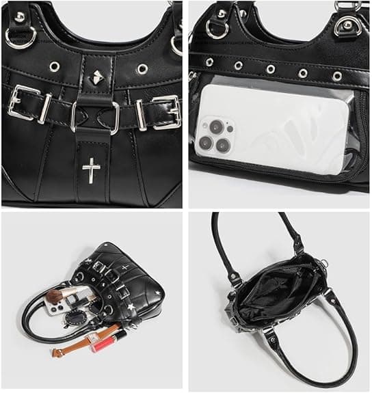 PU Leather Bag with Display Window, Rivet Bag with Adjustable Shoulder Strap BLACK