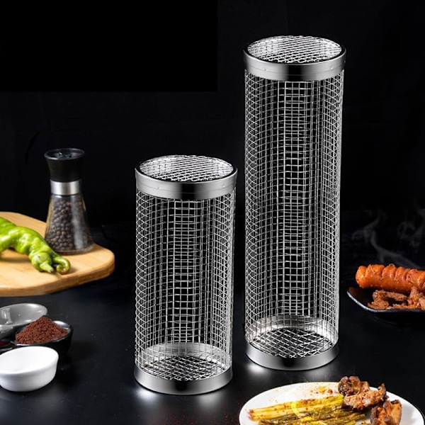 Rund grillkorg i rostfritt stål, rullande grillkorg i trådnät, cylinderformad grillkorg, bärbar grillkorg för utomhuscamping, 20 x 9 cm