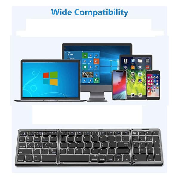 Sammenleggbart, trådløst USB-oppladbart tastatur for iOS, Android, Windows PC, bærbar datamaskin, smarttelefon - svart