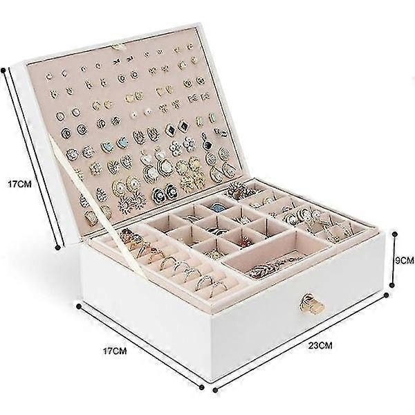 Smyckeskrin Organizer för Halsband Örhängen Armband Ringar Stort PU Läder Smyckeskrin med 3 Stapelbara Lager (Vit)