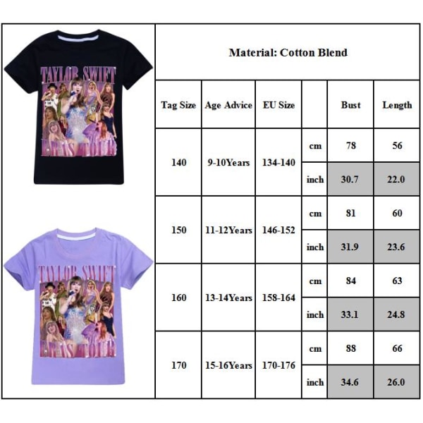 Barn Taylor Swift T-shirt Print Kortärmad T-shirt Toppar Swiftie Fans Konsertpresenter Svart 170cm