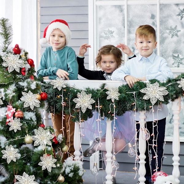 36 stk Julerøde Glitter Poinsettias Kunstige Bryllupsblomster Juleblomster Dekorasjoner Pynt til Juletrepynt (Hvit) White