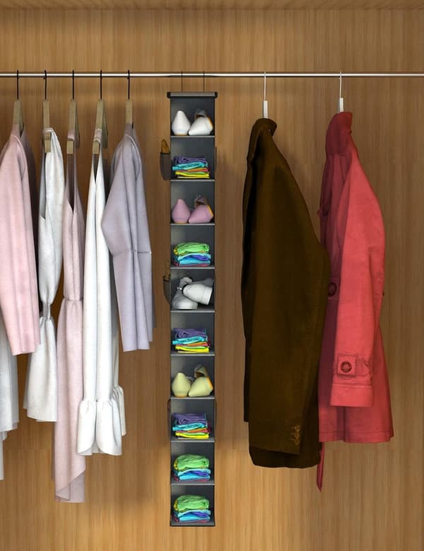 Hängande garderobsorganisatör, grå, 10 hyllplan, förvara kläder, skor och accessoarer