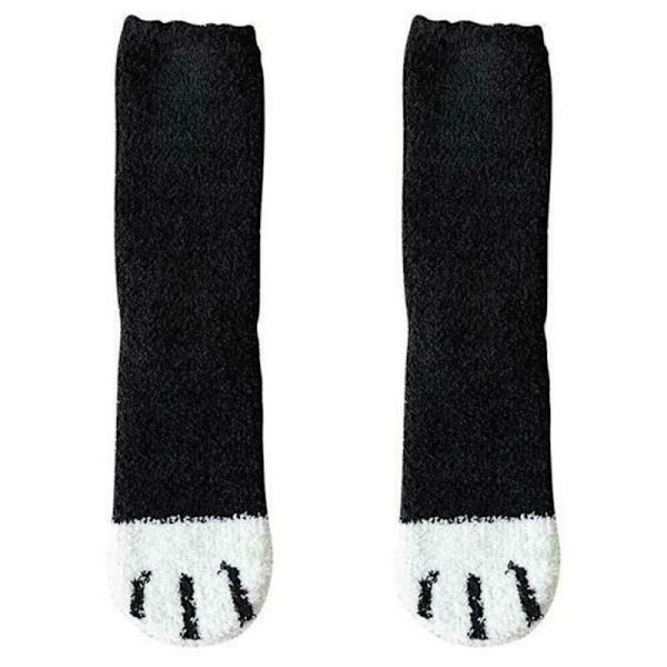 Plushstrumpor för kvinnor, varma strumpor, vinter, söta kattpottar, sovstrumpor Flat black