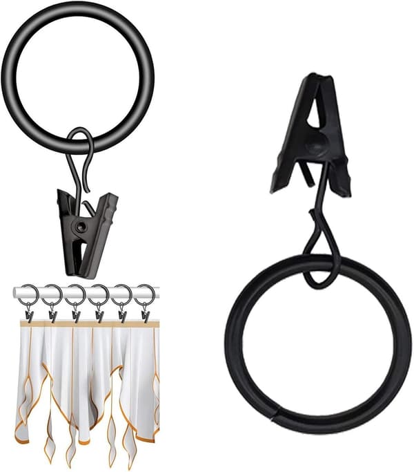 Gardinringe, 16 stk., 38 mm, rustfrit stål sort, med clips, til badeforhæng, tykke