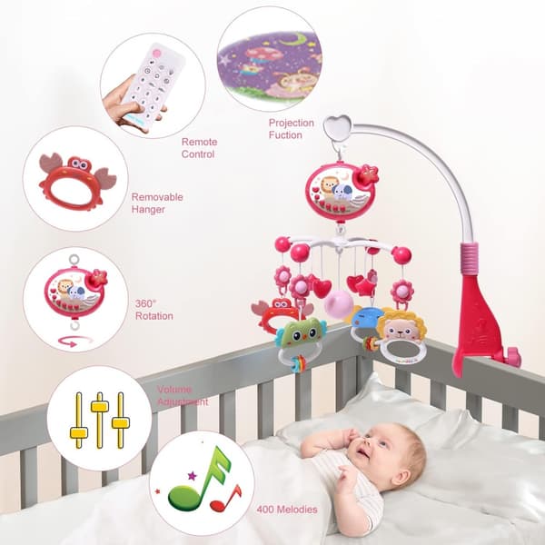 Crib Music Box with Timer Function, Projector and Lights, Hanging Rotating Rattle and Remote Control, 400 Melodies, Newborn Toy Red