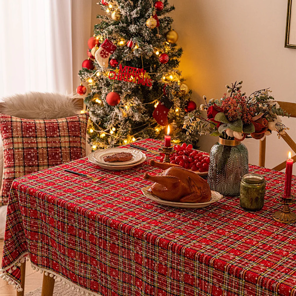 Joulukoriste Uusivuosi Pöytäliina Ruutu Lumhiutale Joulu Koti Peite Pöytäliina Suorakulmainen Kahvipöytä Pöytäliina Punainen ja vihreä ruutu Red and green checke 90x90cm