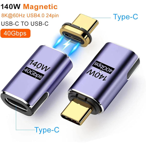 USB-C Magnetisk Adapter, PD 140W, 40 Gbps Dataöverföring, Magnetisk USB-C Adapter, Typ C Magnetisk Kontakt för Laptop Telefon HDTV
