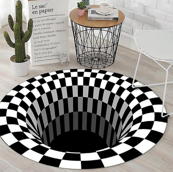 Svartvit Rutig Rund Matta, 3D Vortex Illusion Matta, 3D Vortex Matta Sovrum Vardagsrum, 80cm