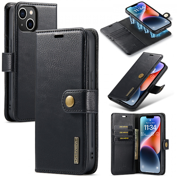 DG.MING Nahkainen kotelo magneettikannella, iPhone 14, musta musta black