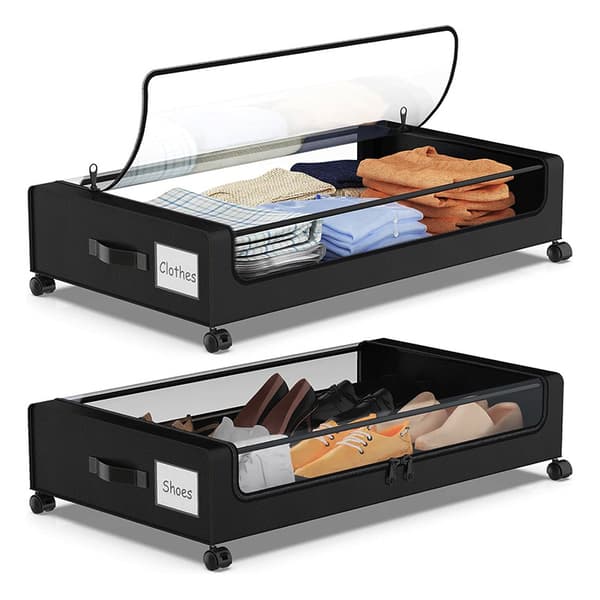1 pc Under Bed Storage Bins with Wheels, Large Capacity Fabric Organizer with Clear Lid & Handles, Multi-Compartment Design for Organization black black