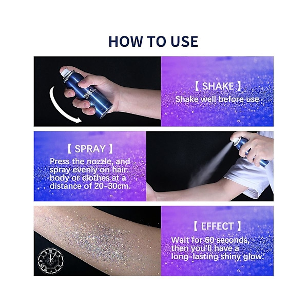 Kimalteleva spray tai glitterjauhe, kiiltävä vartalokiilto vaatteille ja hiuksille, glitterisuihke-meikki