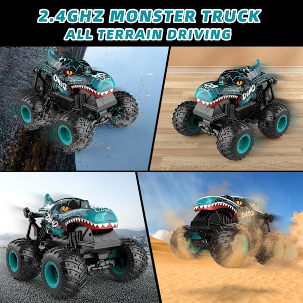 Monster Truck Leksaker, 2.4GHz RC Monster Trucks för Pojkar, 1:20 Dinosaur RC Bilar med Ljus och Musik, Fjärrstyrd Stuntbil, 360° Snurr, för Barn Blue