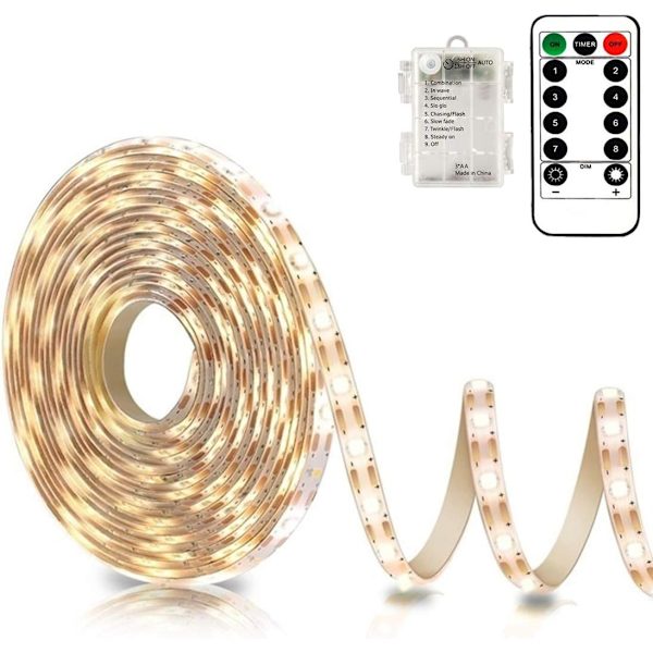 3m Battery Powered LED Strips with Remote Control Waterproof 8 Modes Dimmable Timer Self-Adhesive Cuttable (Warm White)