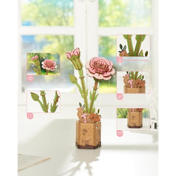 3D Trähuspussel Blombukett Modellset för Vuxna, Eviga Blommor, Romantisk Present till Hennes, Kvinnor, Mamma, Jul/Födelsedag/Alla Hjärtans Dag Pink Carnation