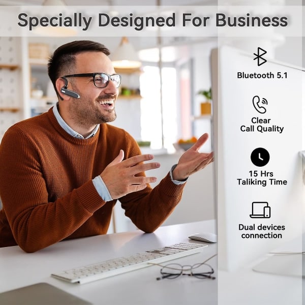 Bluetooth Enkle Trådløse Hodetelefoner Håndfri Telefonhodetelefon USB-C Lading Vanntette Hodetelefoner for Kjøring/Forretning/Kontor med Android/ios Bærbar PC