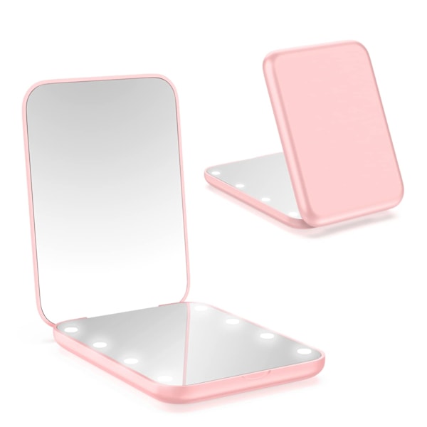 Fickspegel, LED kompakt spegel, 1x/2x förstoringsspegel med ljus, 2-sidig handhållen magnetisk strömbrytare vikbar liten resesminkspegel (rosa)